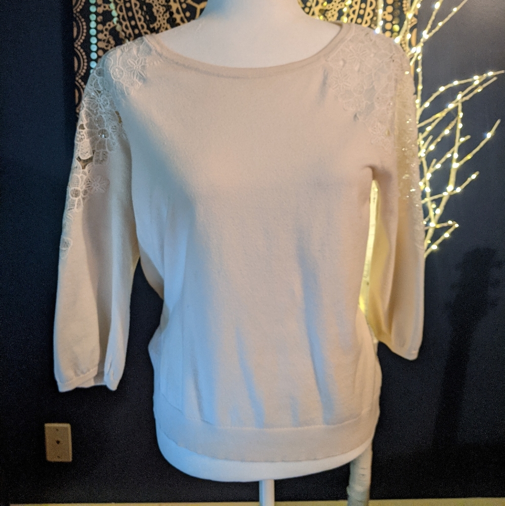 Loft petite cream sweater with embroidery